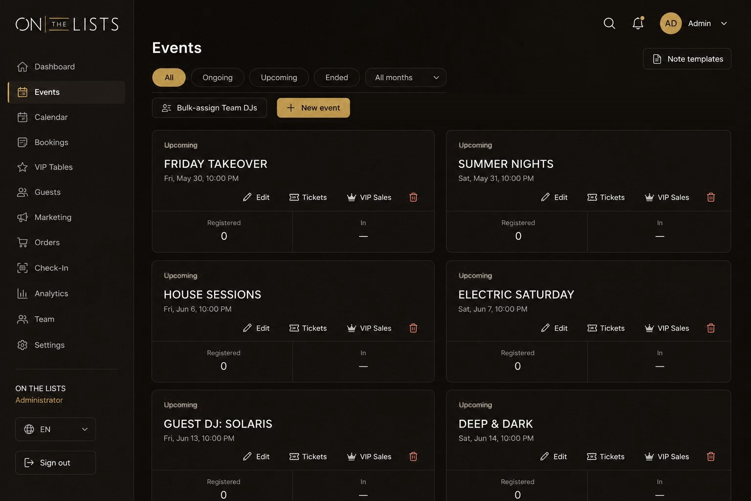 The events admin: each night listed as a card with its date, and per-event controls for tickets and VIP sales (product mockup).