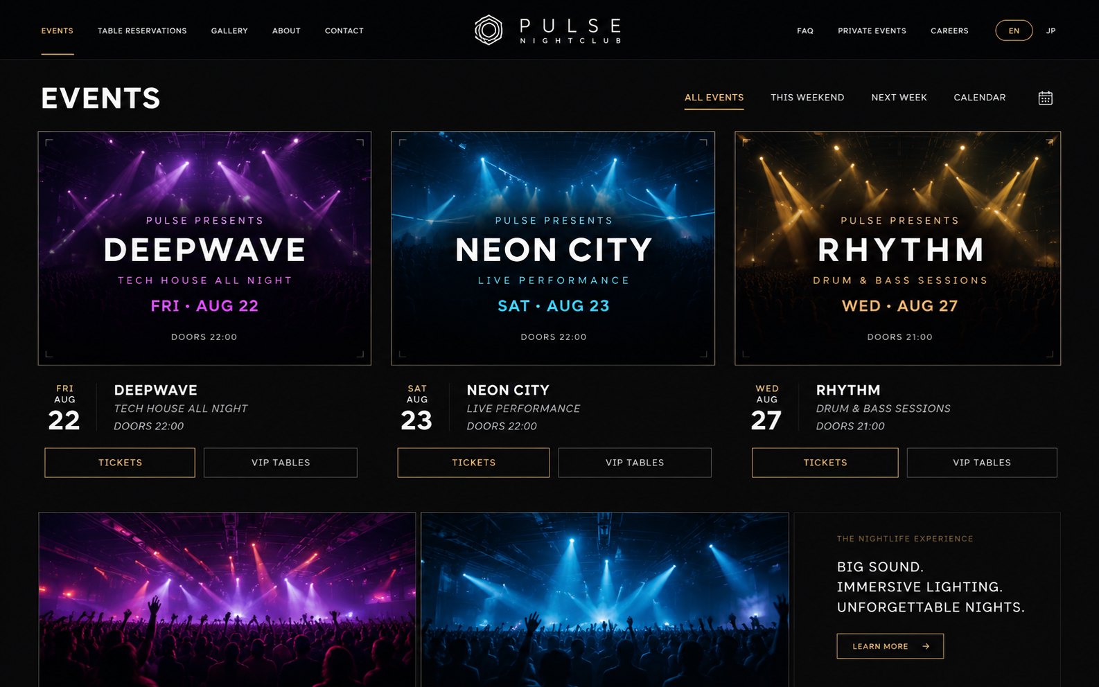 ベニュー自身のサイトでイベントを掲載し、チケットとVIPテーブルを販売しているストアフロントの例（イメージ）。