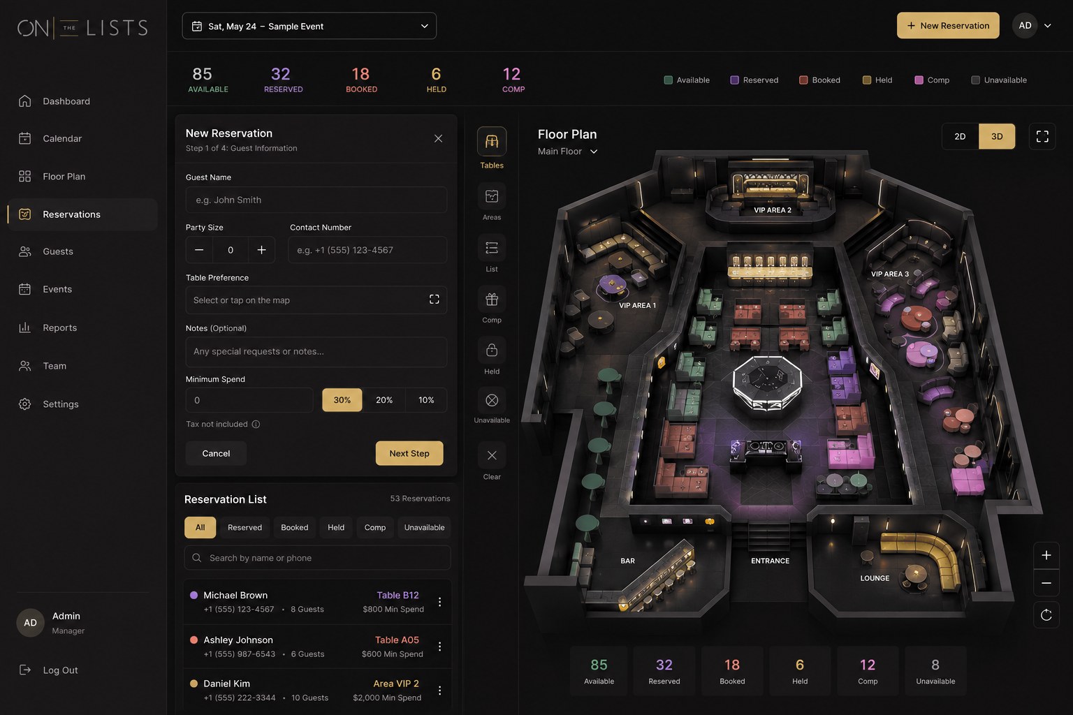 VIP table management: a 3D floor plan of the room with every table colour-coded by status, beside a new-reservation form and the night&rsquo;s reservation list (product mockup).